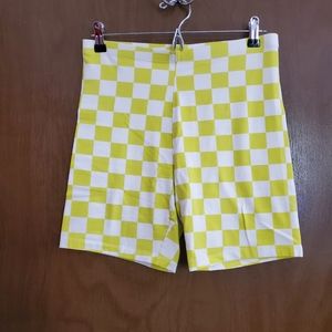 Forever 21 Neon Green Yellow White Checkered High Waist Bike Short